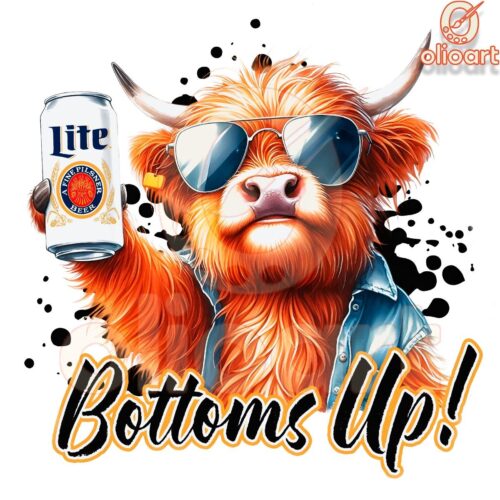 Bottoms Up Highland Cow Drinking Miller Lite PNG