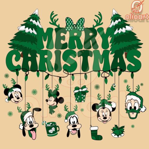 Festive Green Mickey Friends Merry Christmas PNG