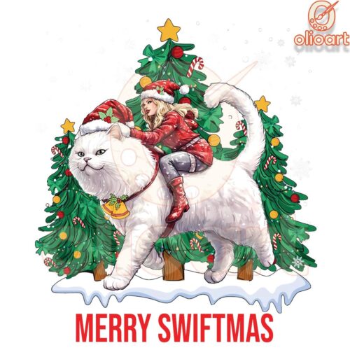 Festive Swiftmas Cat with Santa Hat Tree Christmas PNG