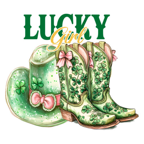 Lucky Girl St Patrick's Day Cowgirl Boots PNG Design