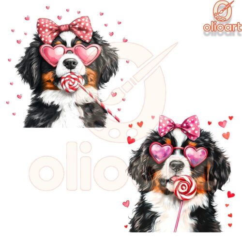 Bernese Mountain Puppy Pink Bow Lollipop PNG