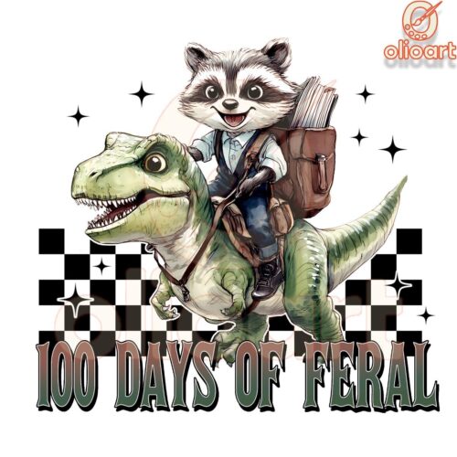 Checkered Racoon Riding T-rex 100 Days Of Feral PNG