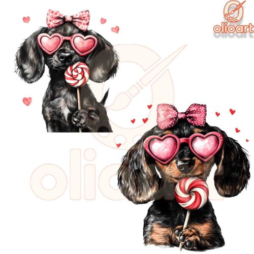 Dachshund Puppy Valentine Pink Bow Lollipop PNG