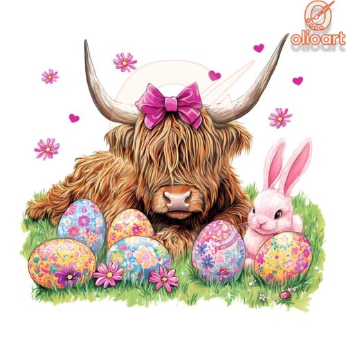 Easter Highland Cow Coquette Pink Bow PNG