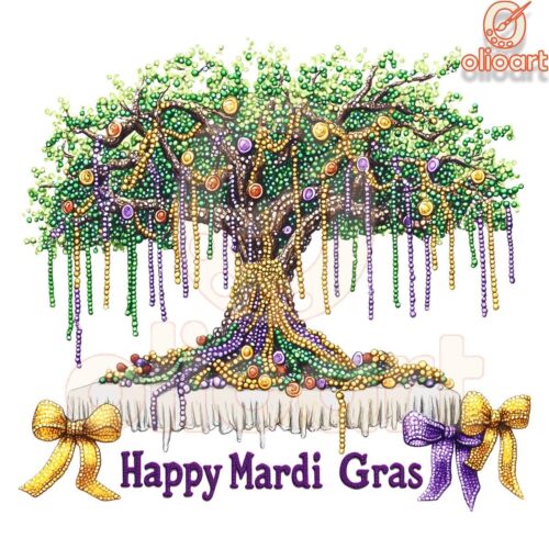 Festive Mardi Gras Bead Tree Coquette PNG Design