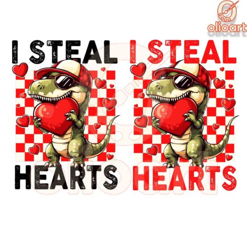 I Steal Hearts Checkered Valentine T-rex Png,