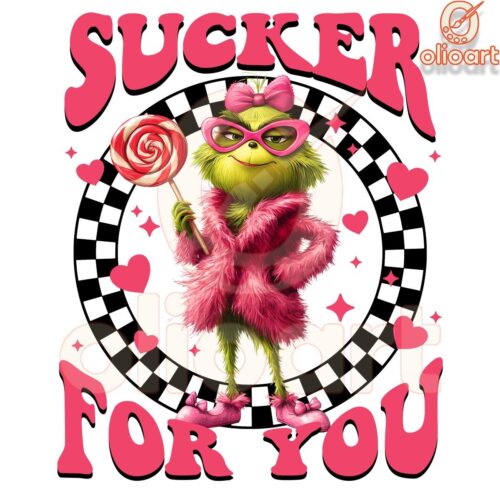 Pink Grinch Sucker For You Checkered Lollipop PNG