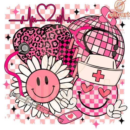 Retro Nurse Valentines PNG Leopard Hearts Disco Ball Vibes