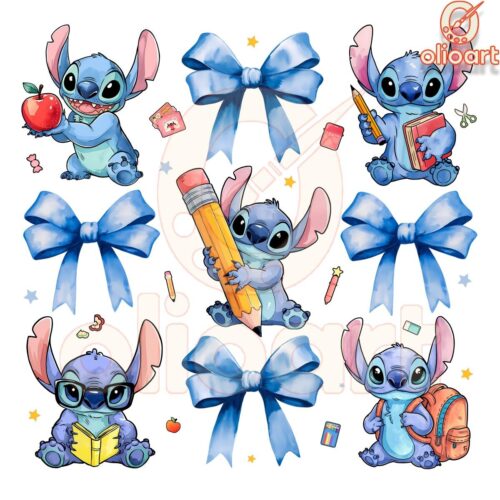 School Stitch Blue Coquette 100 Days PNG