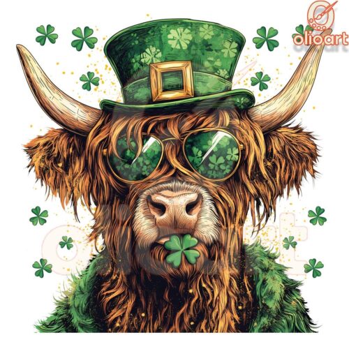 St Patricks Day Lucky Shamrock Highland Cow PNG Design