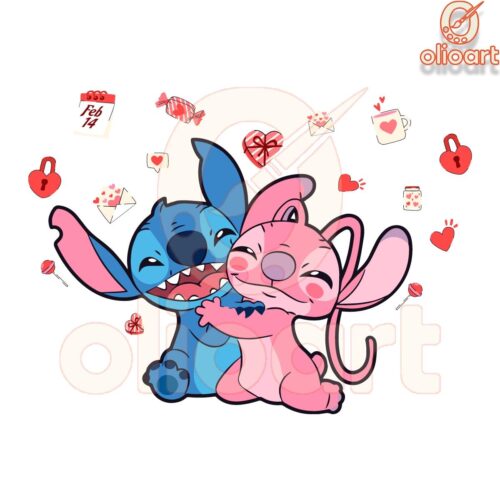 Valentine Disney Stitch And Angel Hugging PNG