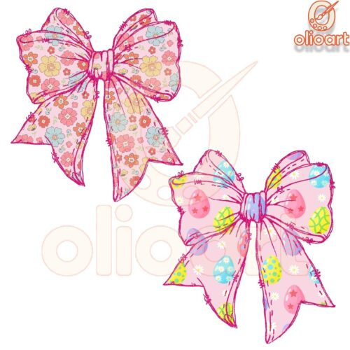 Coquette Easter PNG Floral Egg with Pink Bow