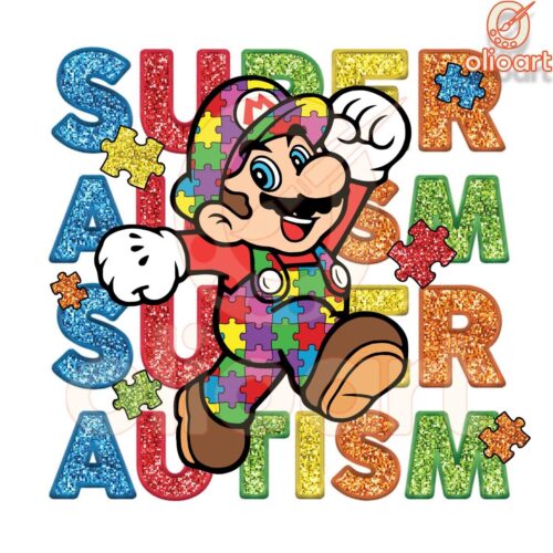 Glitter Super Mario Autism Puzzle Cartoon PNG Design