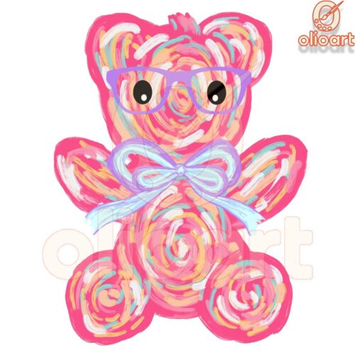 Adorable Brushstroke Bear with Coquette Bow PNG