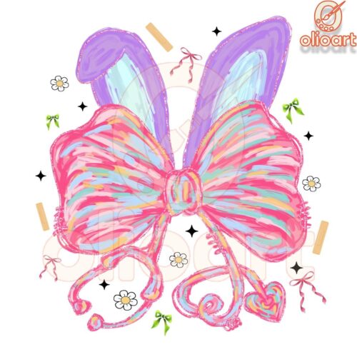 Brushstroke Bunny with Coquette Bow Nurse PNG