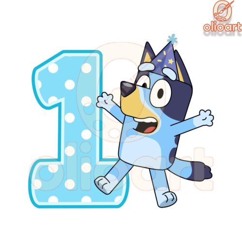Happy 1st Birthday Bluey Dog PNG Design