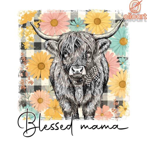 Vintage Blessed Mama Cow Wildflowers PNG with Checkerboard