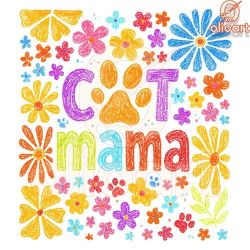 Boho Retro Cat Mama with Floral Crayon Design PNG